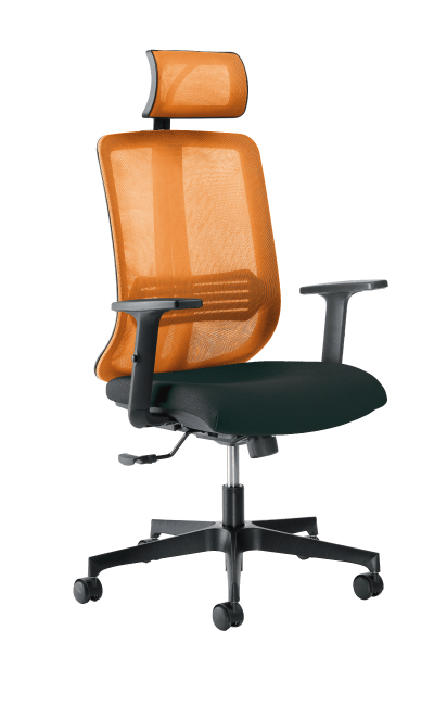 Vertigo Orange con braccioli fissi, base nera e con poggiatesta